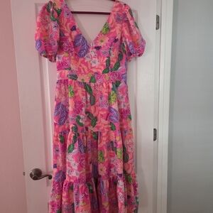 Lilly Pulitzer Size 16 Grace Tiered Pink Isle Best Of Friends Maxi Dress